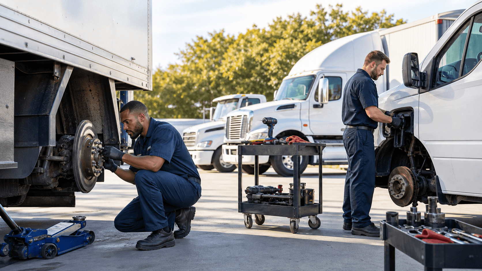 Mechanics inspect brakes on trucks and vans lined up in a sunlit fleet yard.