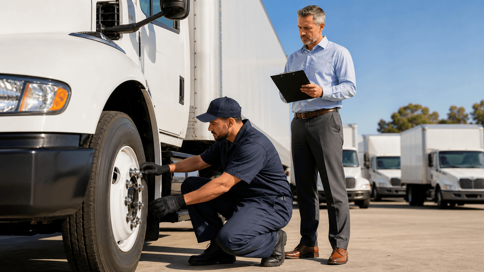 Inspector with clipboard examines a white service truck beside orange cones in a sunlit parking lot.