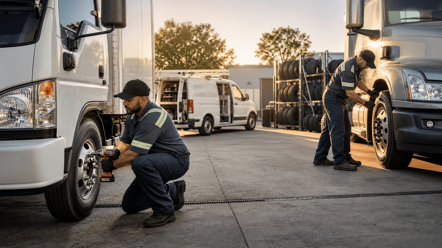 Mixed-size trucks lined up in a bright service bay as a mechanic rotates large black tires.