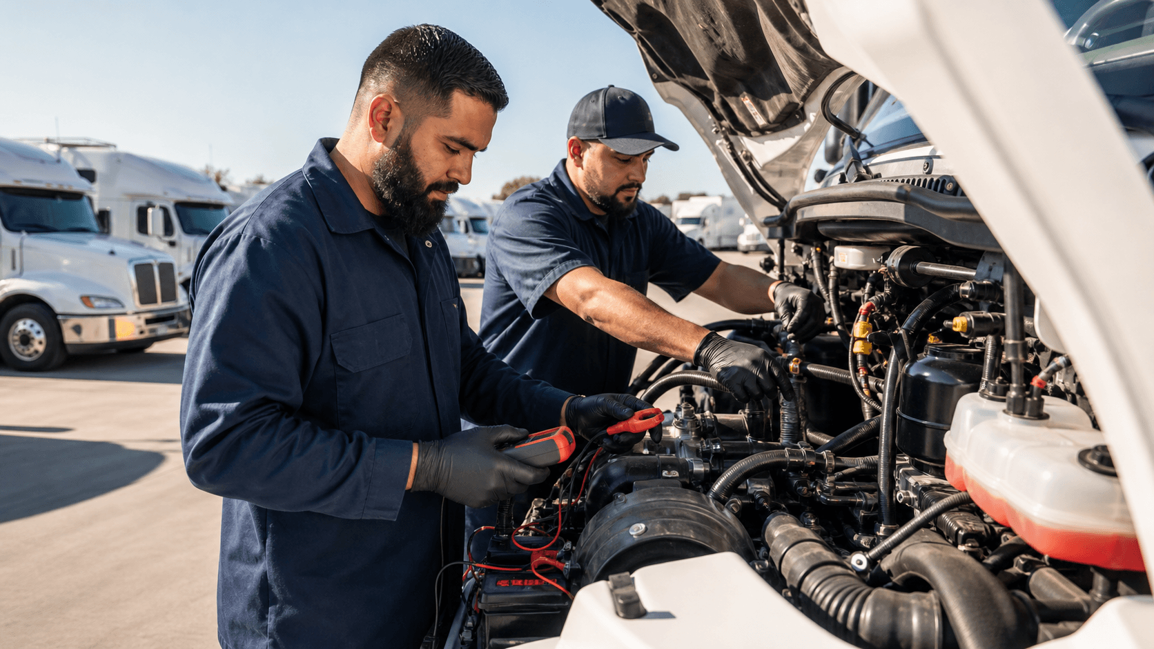 Mechanic tests a truck battery with diagnostic cables under bright workshop lighting.