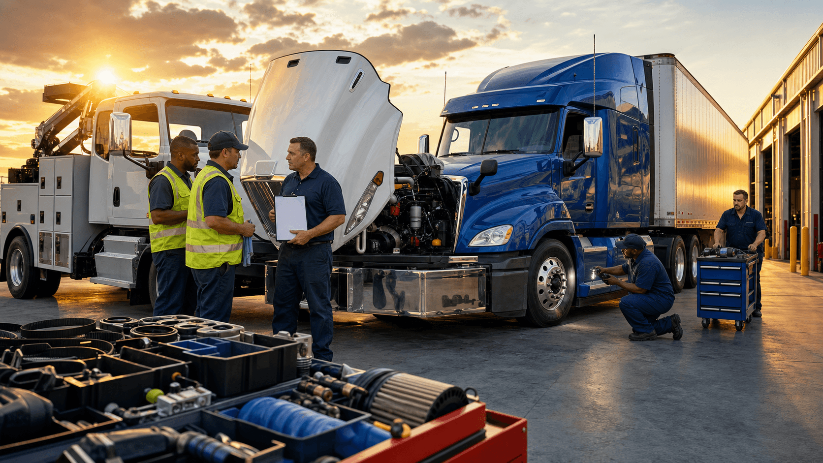 Mechanic with clipboard beside a semi truck, overlayed checklist icons in blue-gray tones under warehouse lighting