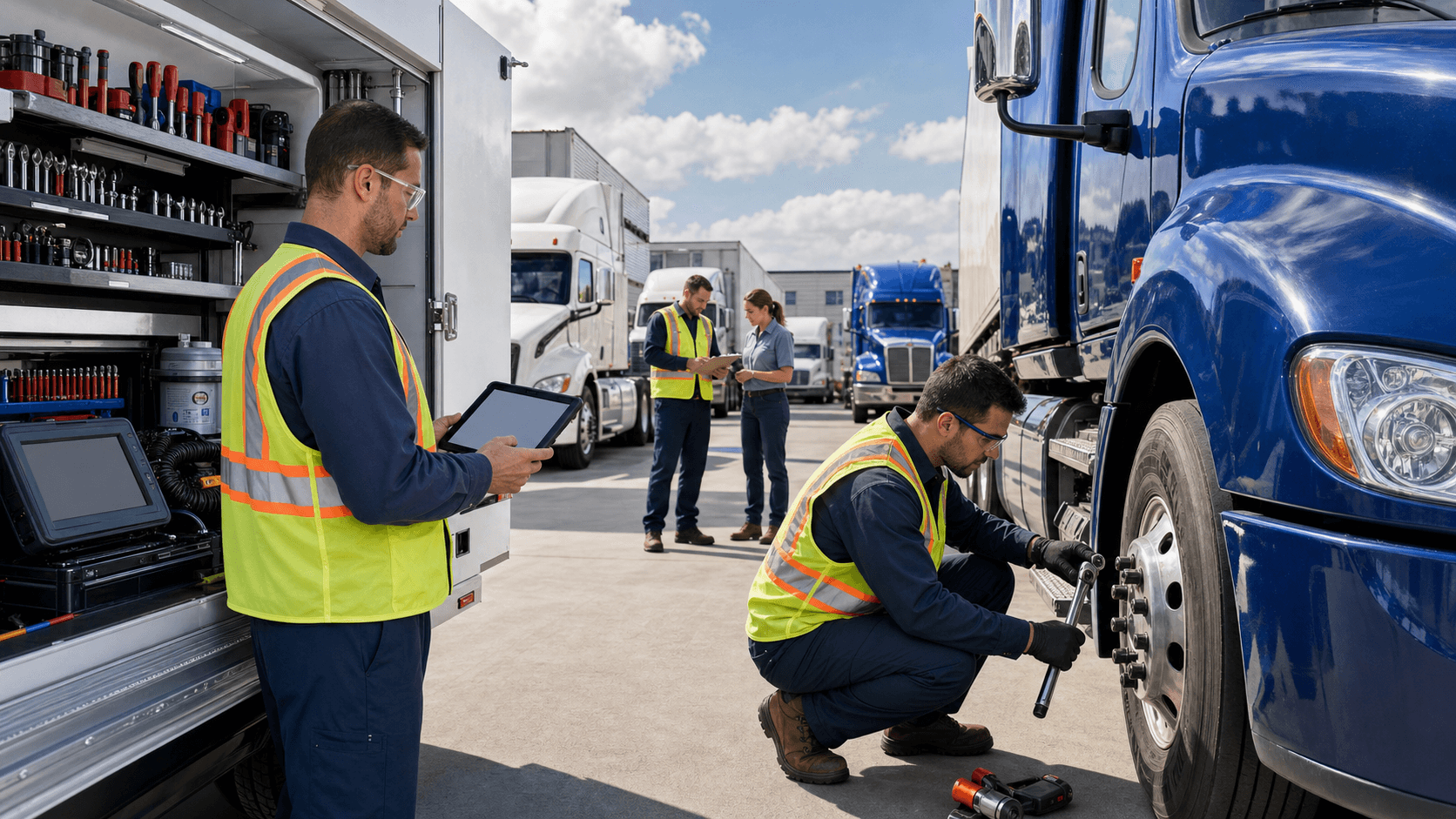 Mechanic checking a clipboard beside a row of blue service trucks in a sunlit garage, tools and lifts in view.