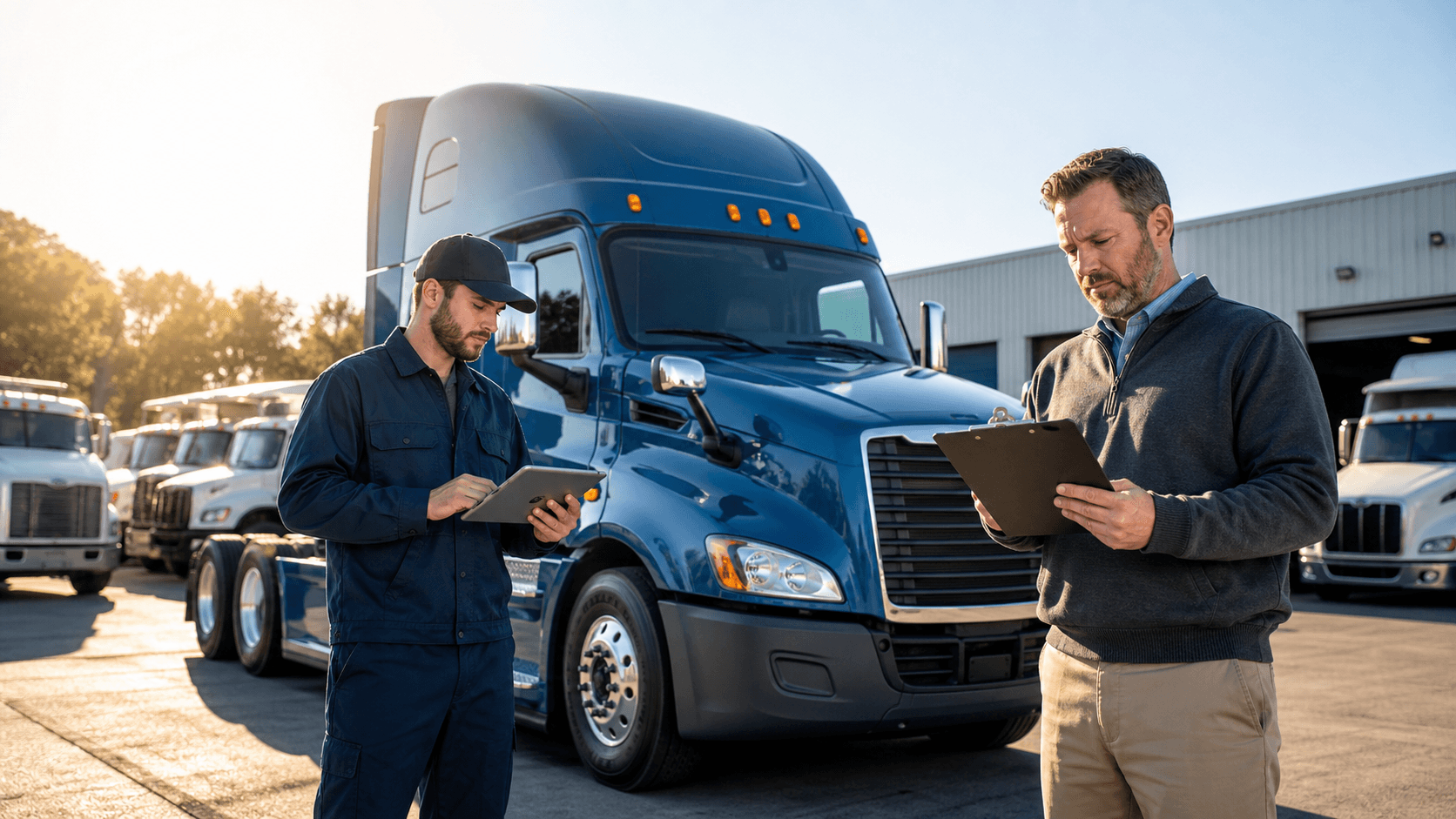 Fleet manager reviewing vehicle inspection charts on a laptop beside parked trucks at dusk.