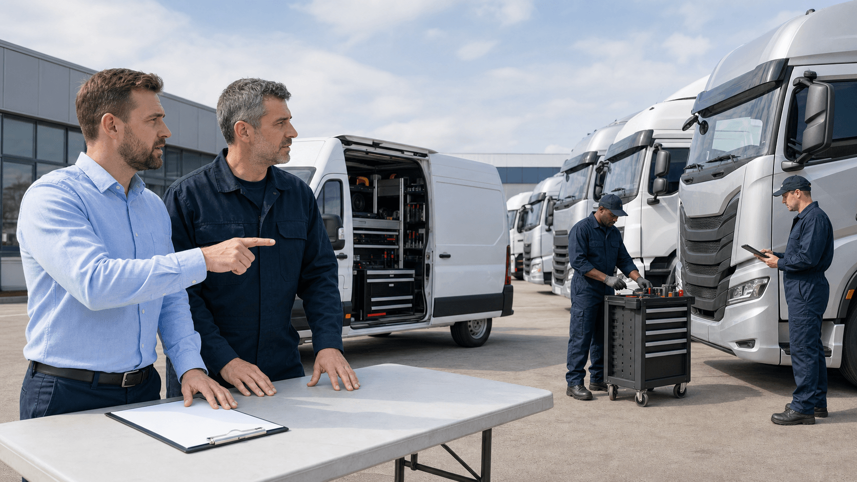 Split-screen of a mechanic with tools in a garage beside a serviced truck at a bright fleet maintenance facility
