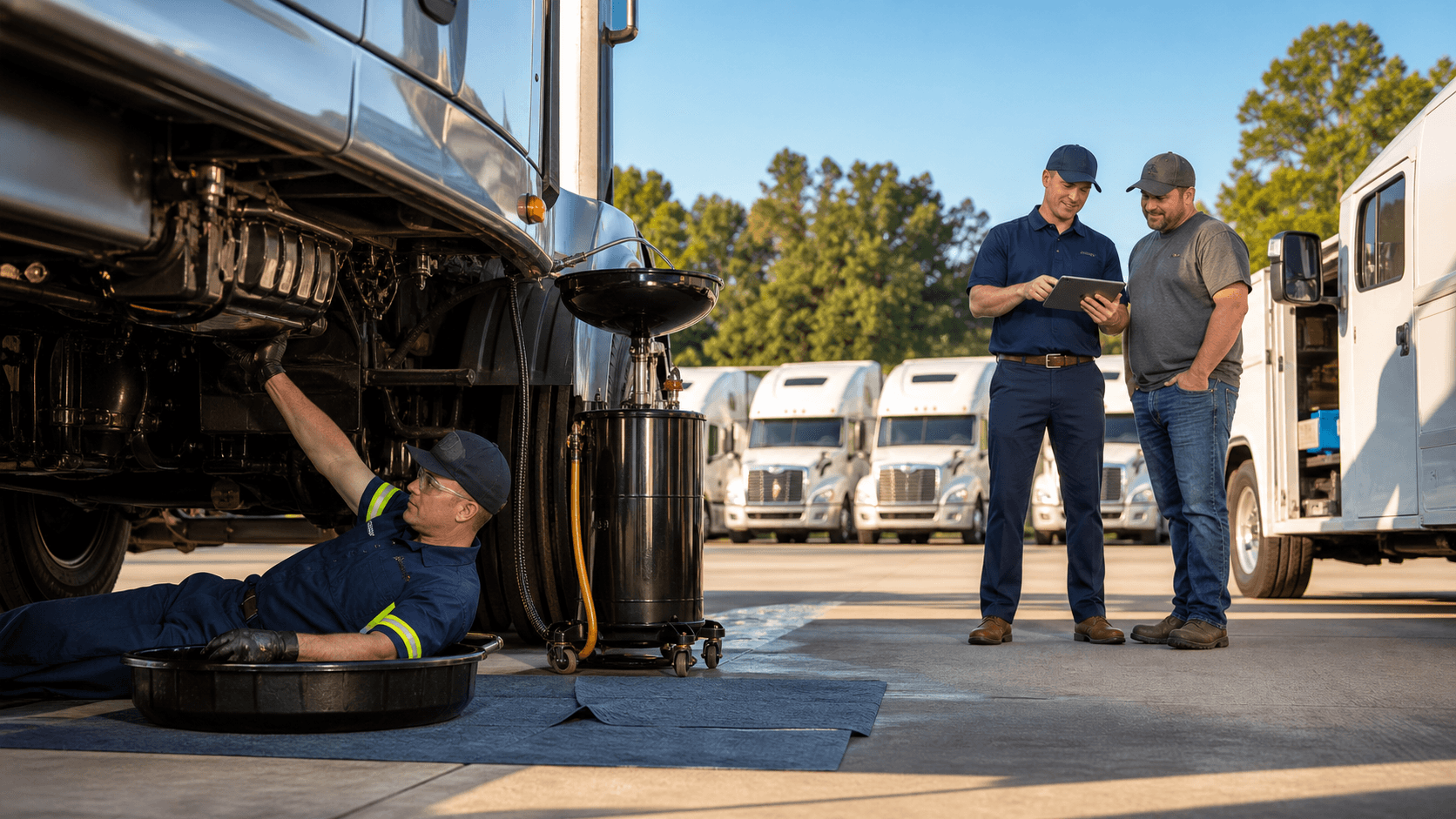 Mechanic in blue coveralls changes engine oil beside a white service van in a sunlit parking lot.