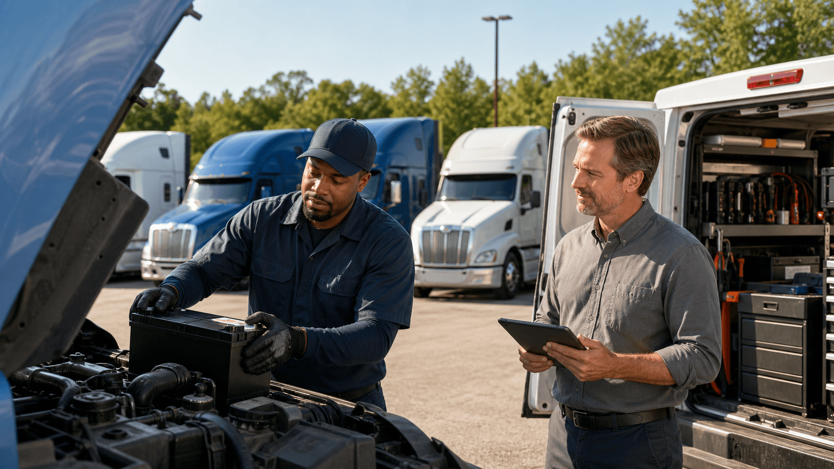Technician replaces a truck battery beside a sunlit fleet of white vans under a clear blue sky.