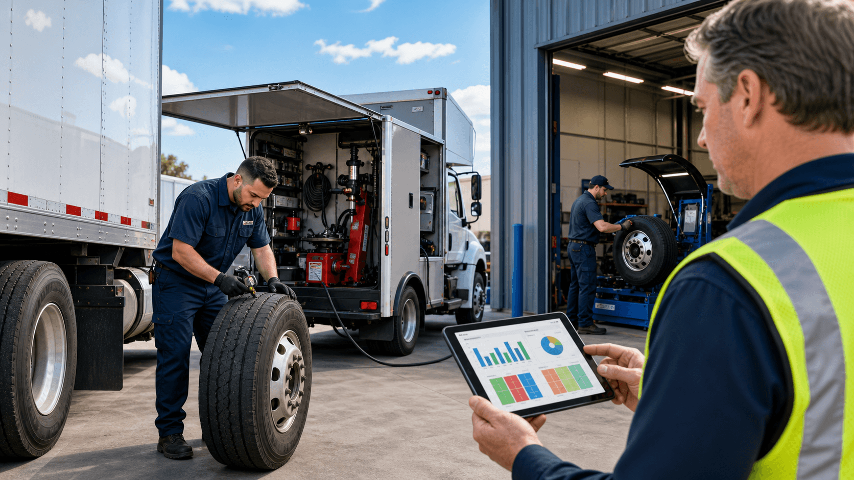 Split-screen graphic of a fleet truck tire with a calculator icon, one side mobile van, other shop bay, blue tones.
