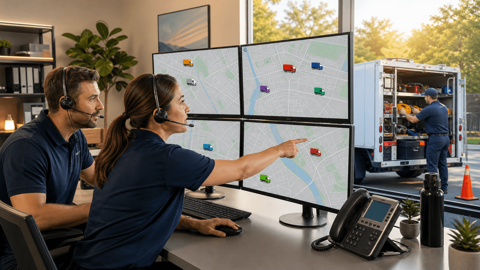 Dispatcher monitors fleet routes on multiple screens beside a service truck at dusk.